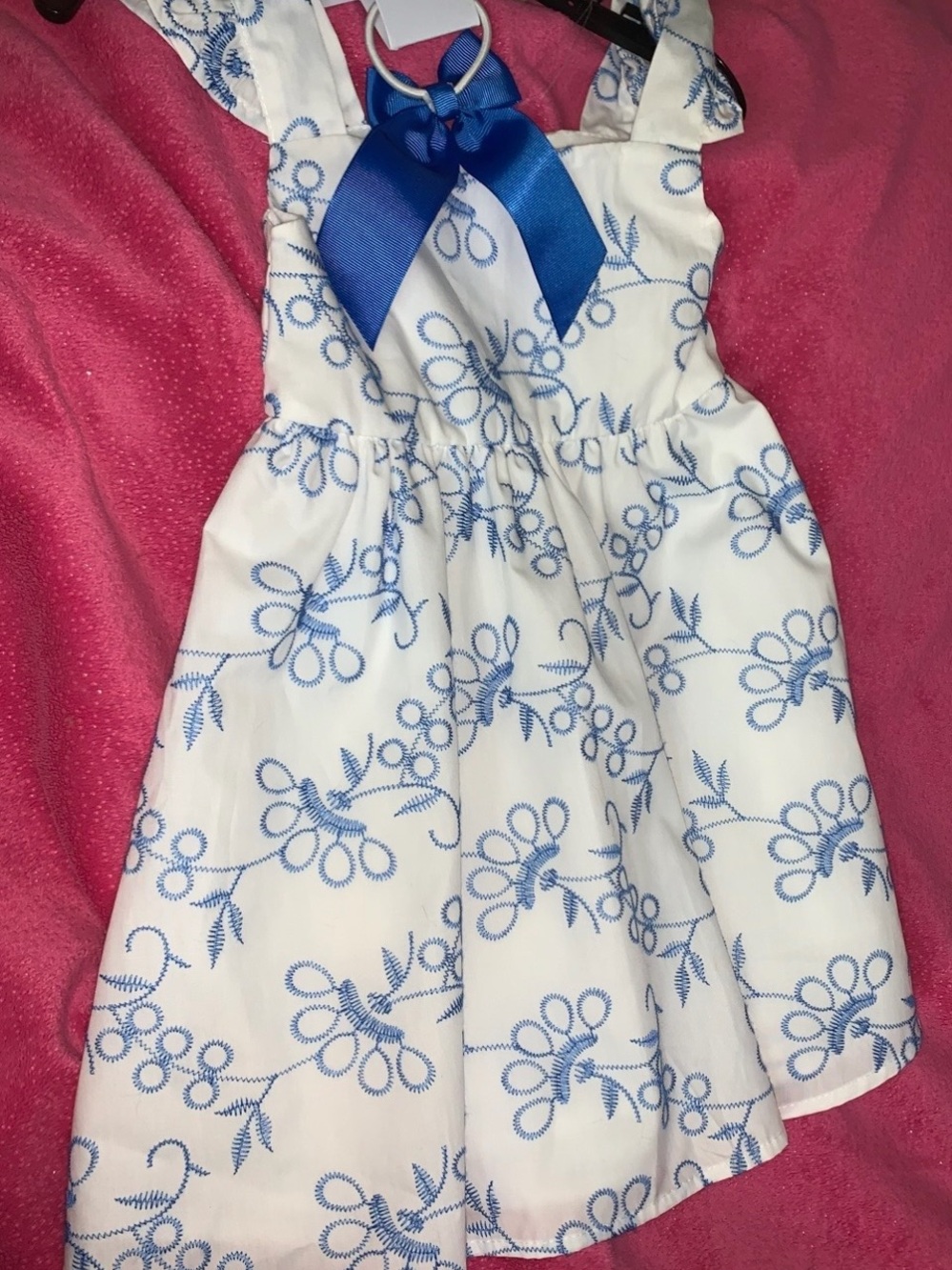 White & Blue Floral Embroidered Sundress with Bow